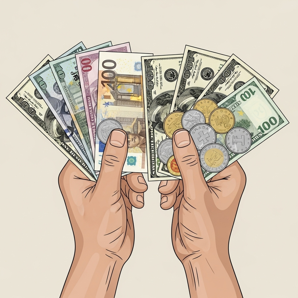 Иллюстрация: руки держат разные валюты